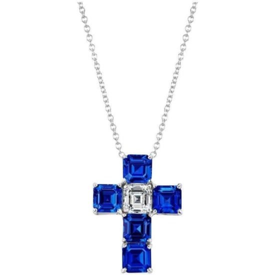 Buy Regalia Royal Blue Sapphire and Asscher Cut Diamond Cross Pendant | Diamond Necklace | Diamond Jewellery | Regalia